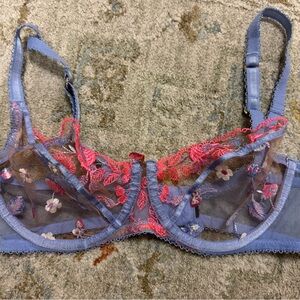 Honey Birdette Embroidered Lace Bra in Blue and Pink